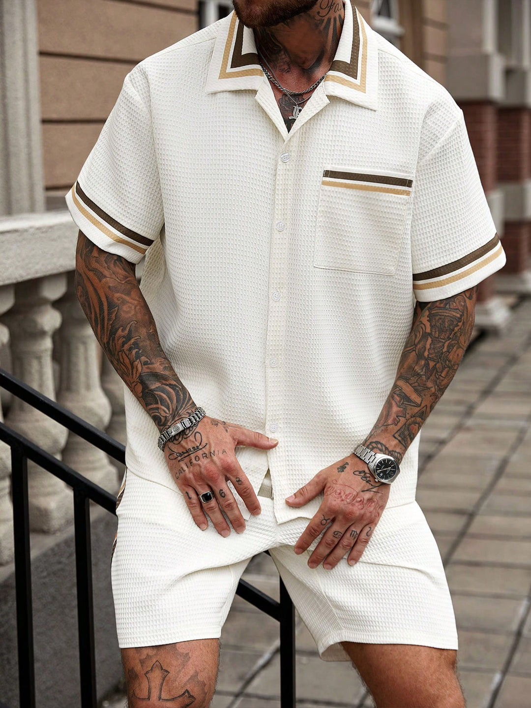 Contrast Trim Textured Polo Set