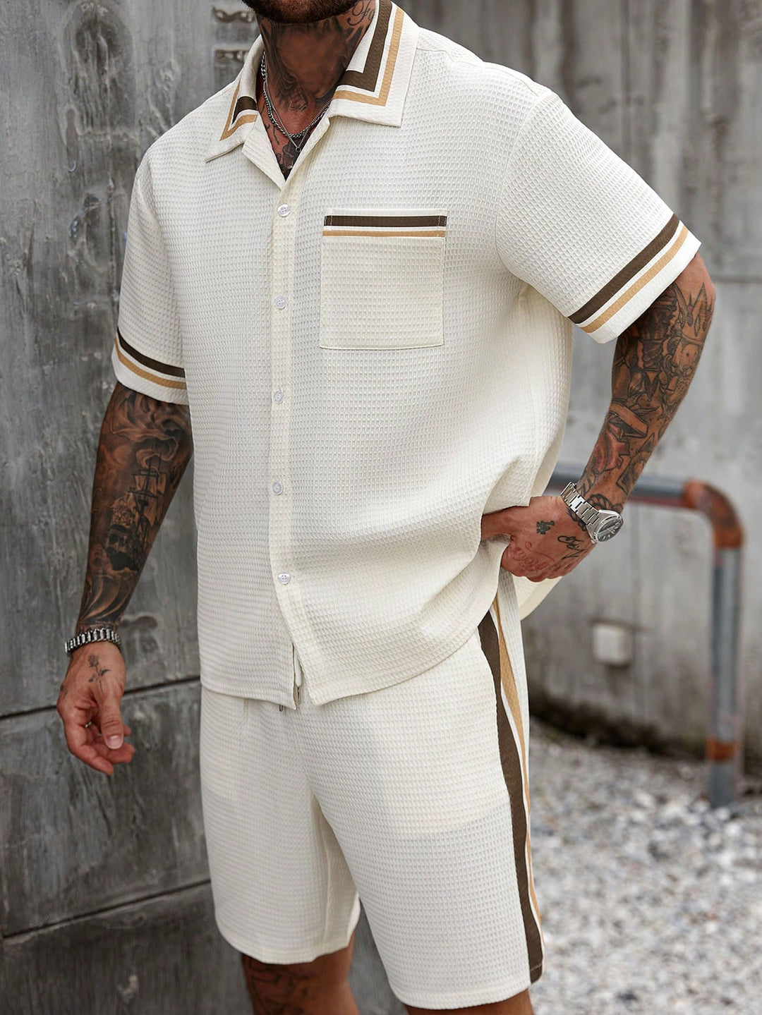 Contrast Trim Textured Polo Set