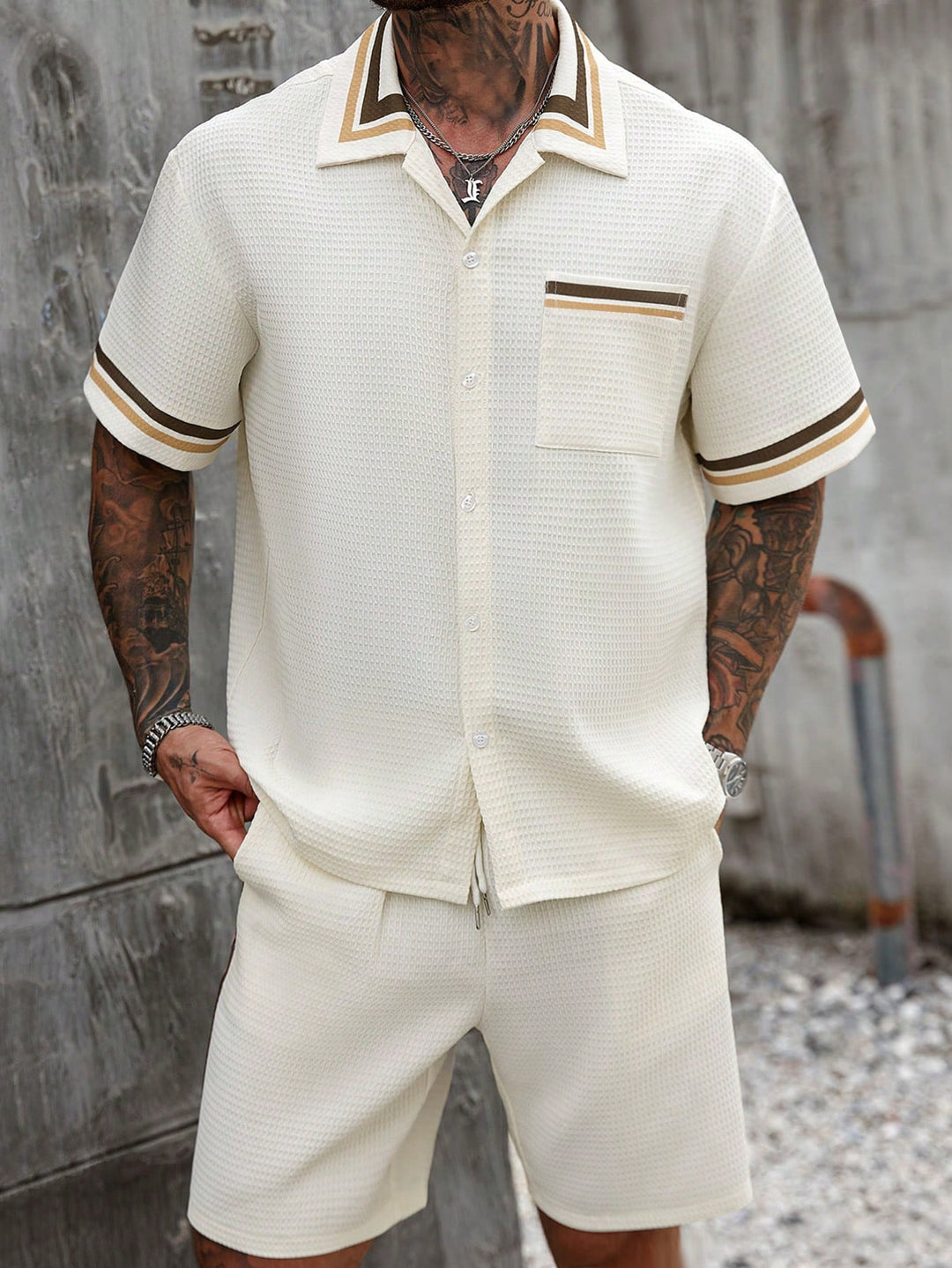 Contrast Trim Textured Polo Set