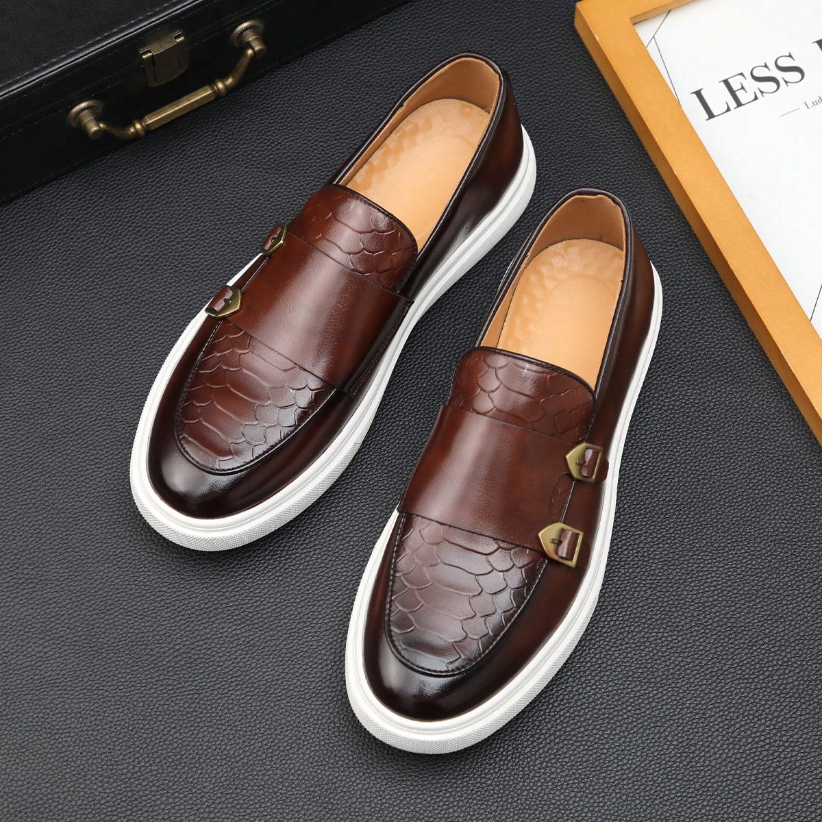  Croc Embossed Leather Monk Strap Sneaker