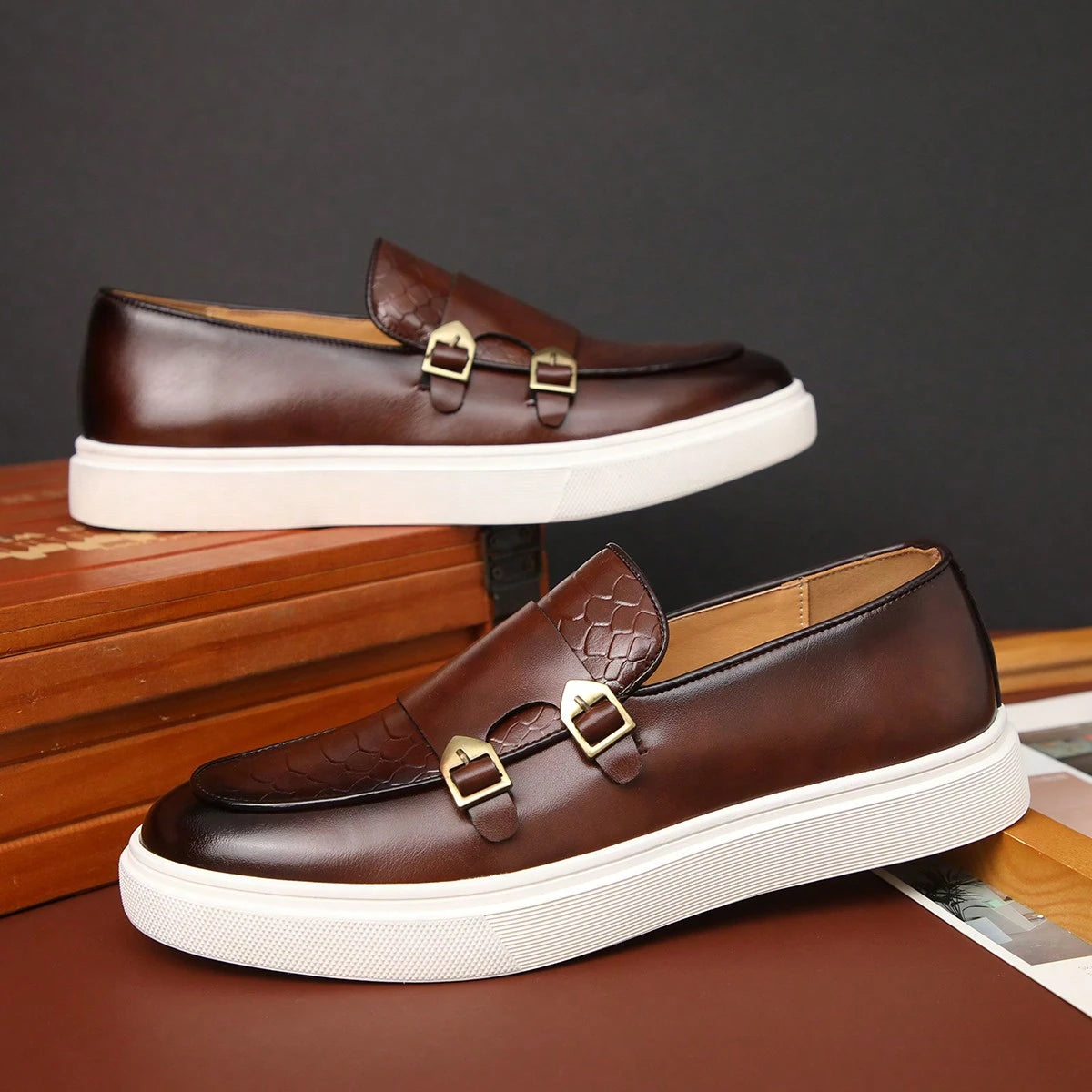  Croc Embossed Leather Monk Strap Sneaker