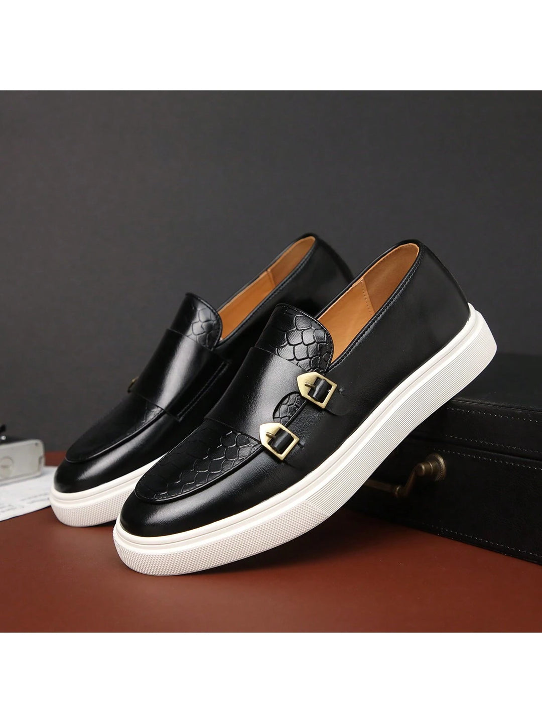  Croc Embossed Leather Monk Strap Sneaker