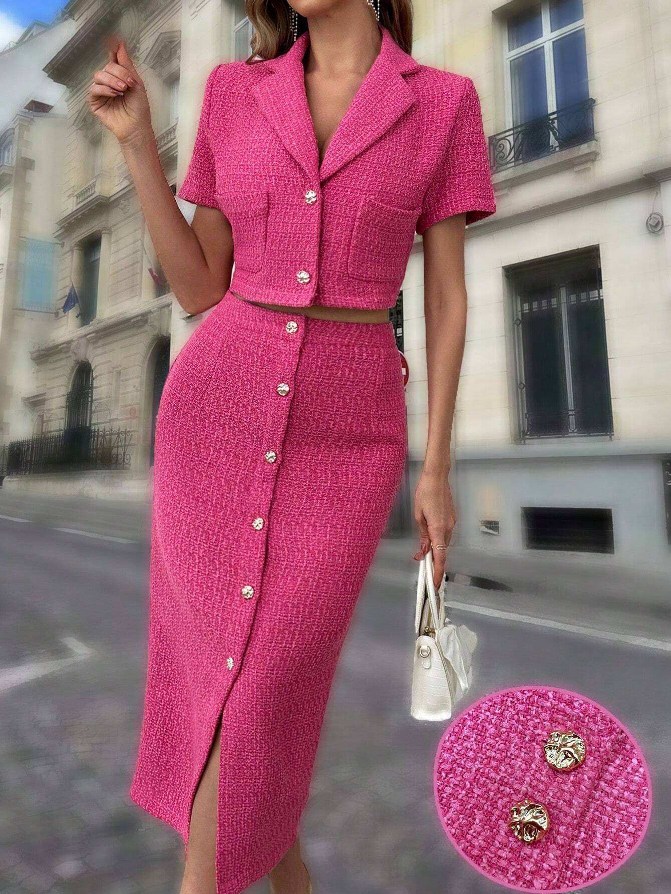  Cropped Tweed Blazer Skirt Set