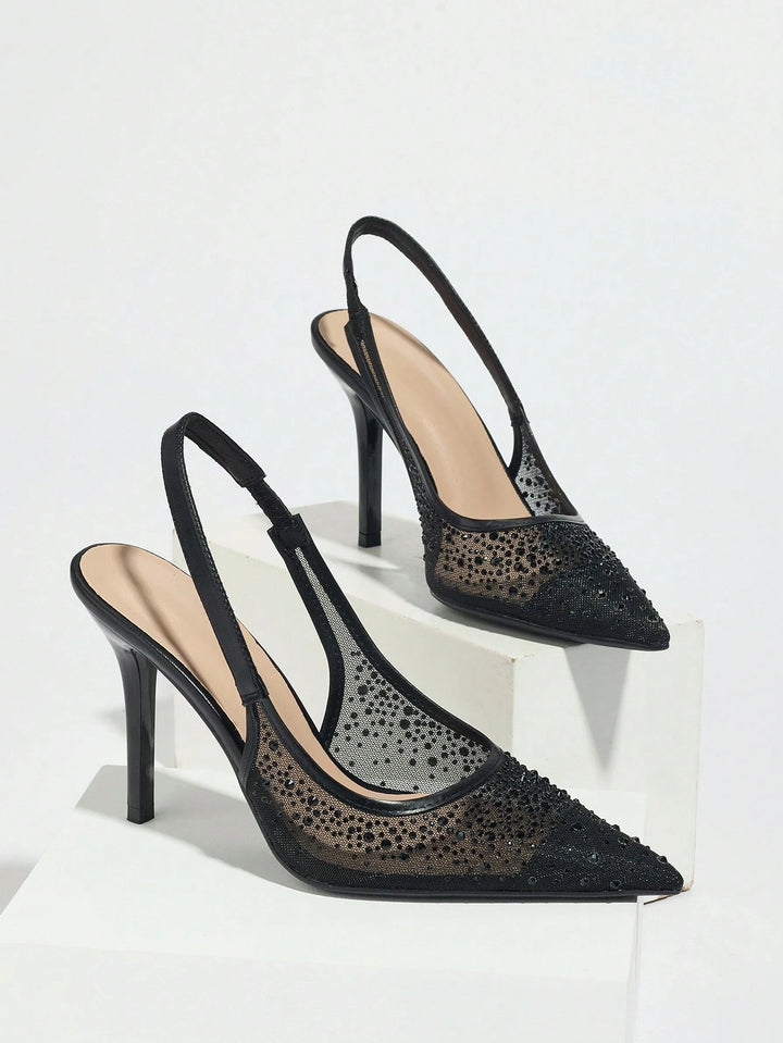  Crystal Mesh Pointed Toe Mules