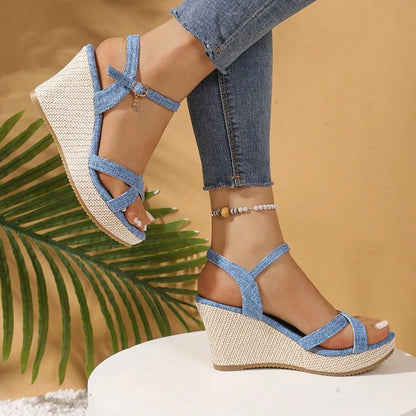 Denim Slingback Espadrille Wedges