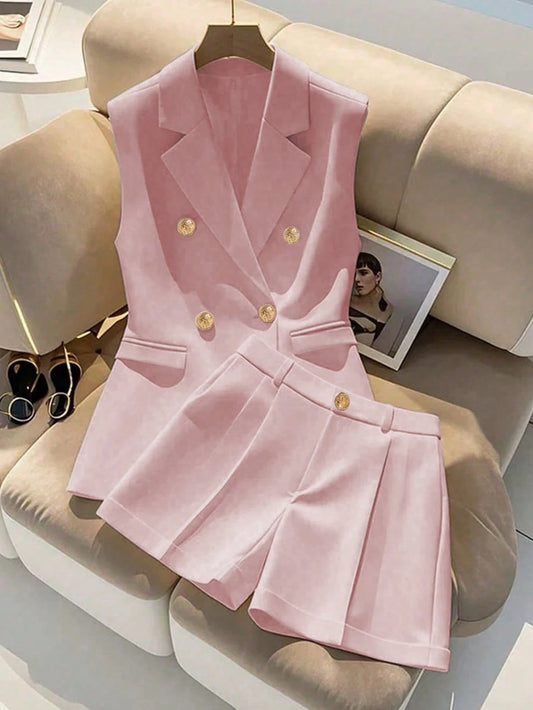 Double Breasted Sleeveless Blazer Shorts Set