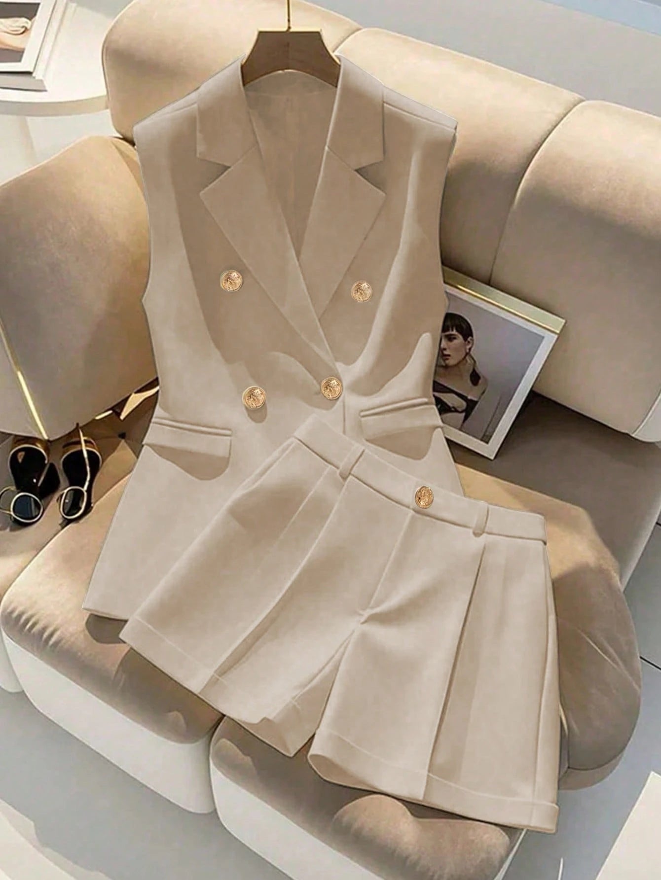 Double Breasted Sleeveless Blazer Shorts Set