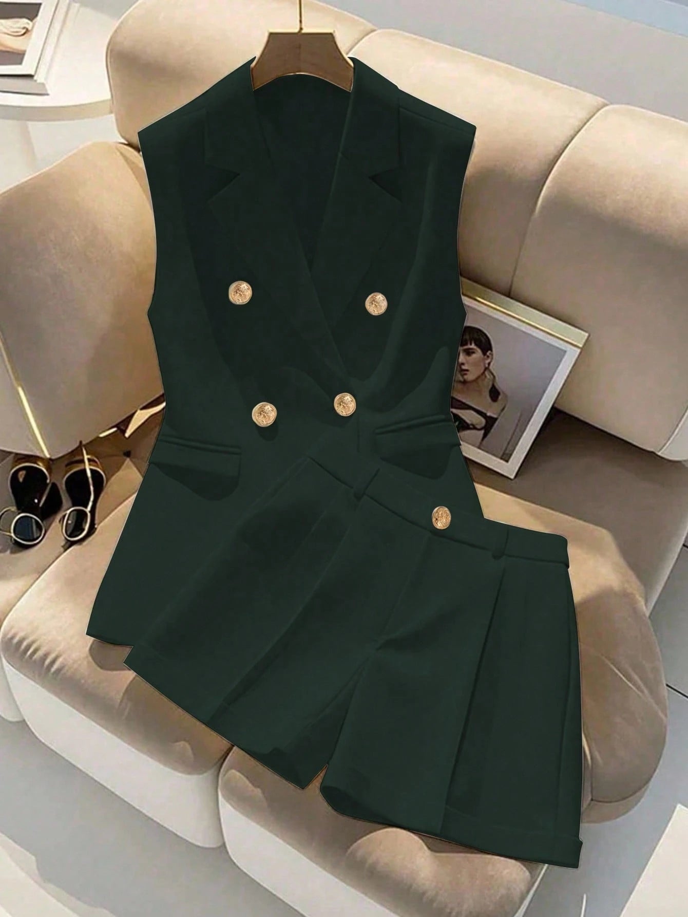 Double Breasted Sleeveless Blazer Shorts Set