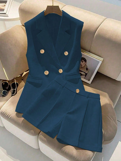 Double Breasted Sleeveless Blazer Shorts Set