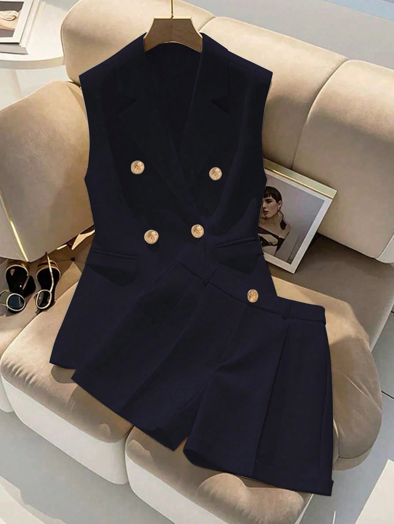 Double Breasted Sleeveless Blazer Shorts Set
