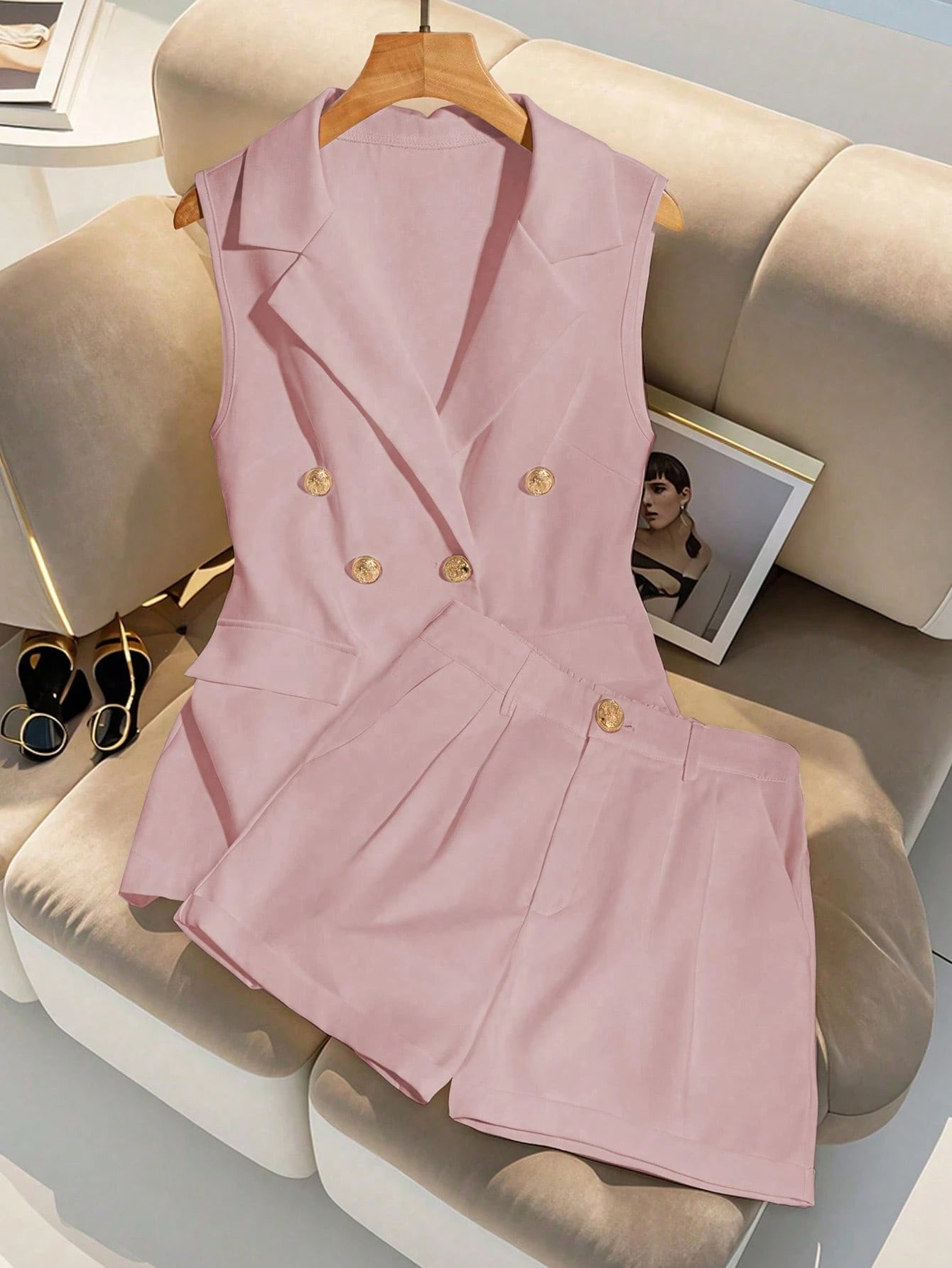 Double Breasted Sleeveless Blazer Shorts Set