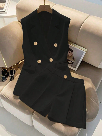 Double Breasted Sleeveless Blazer Shorts Set
