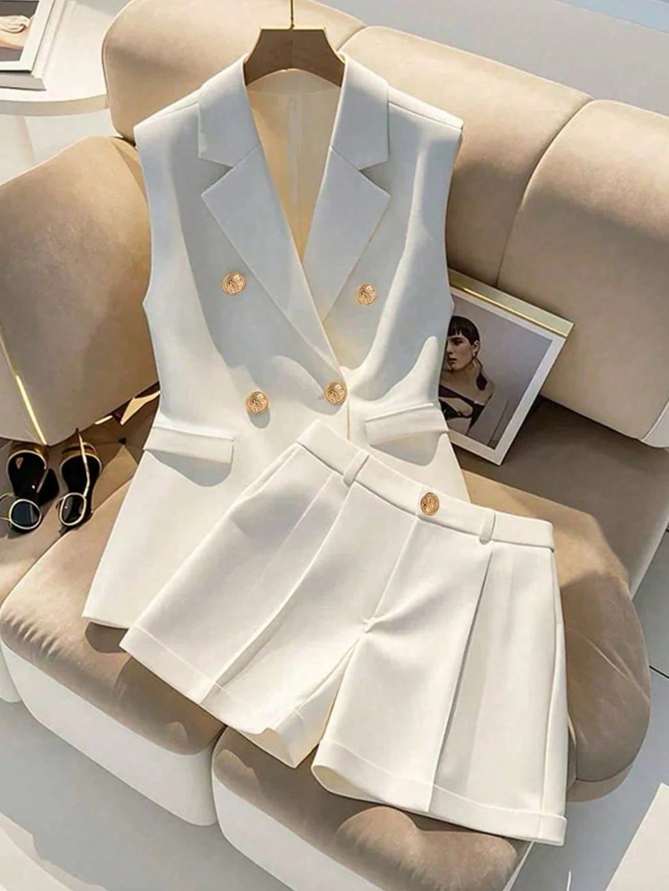 Double Breasted Sleeveless Blazer Shorts Set