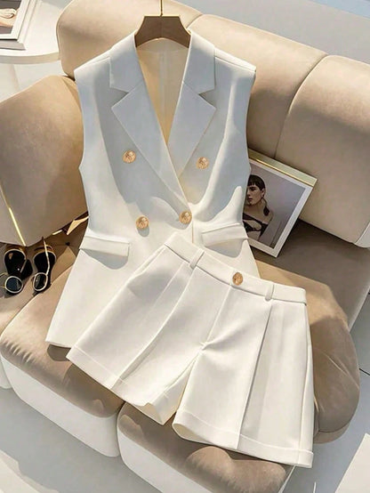 Double Breasted Sleeveless Blazer Shorts Set