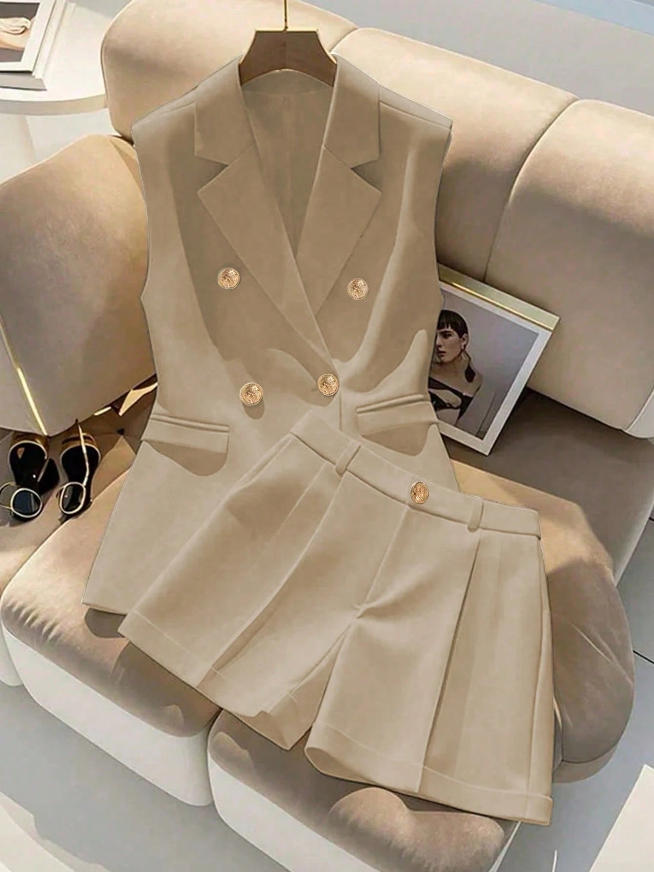 Double Breasted Sleeveless Blazer Shorts Set