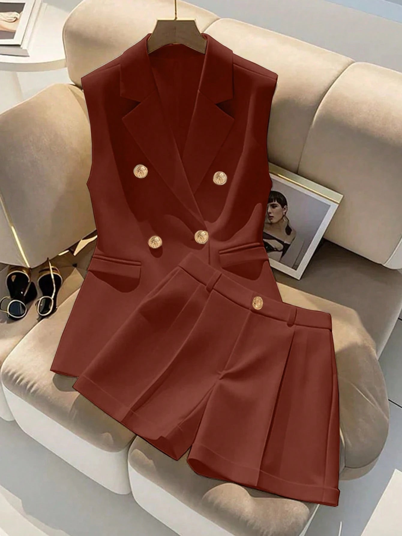 Double Breasted Sleeveless Blazer Shorts Set