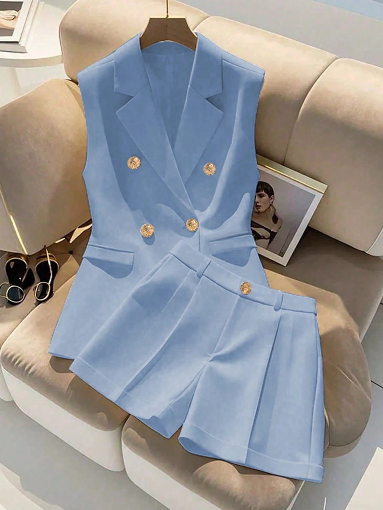 Double Breasted Sleeveless Blazer Shorts Set