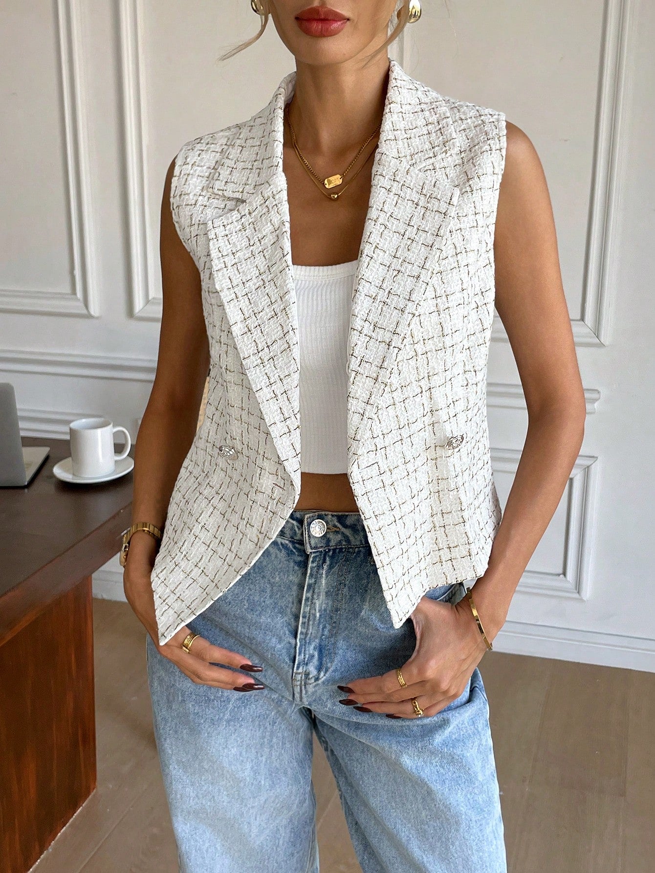  Double Breasted Tweed Waistcoat Top