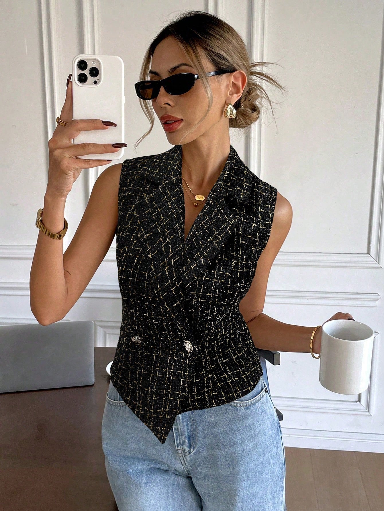  Double Breasted Tweed Waistcoat Top