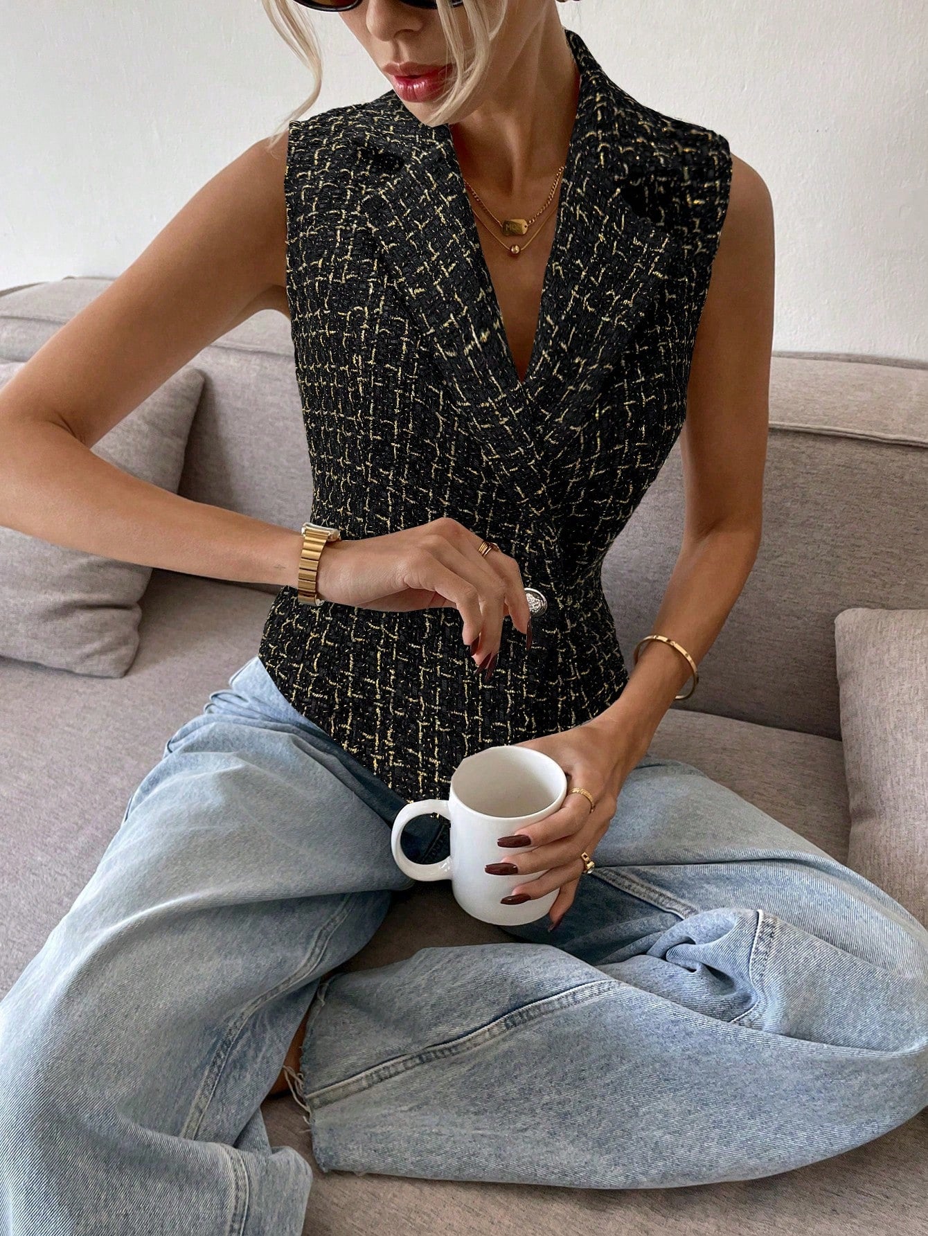  Double Breasted Tweed Waistcoat Top