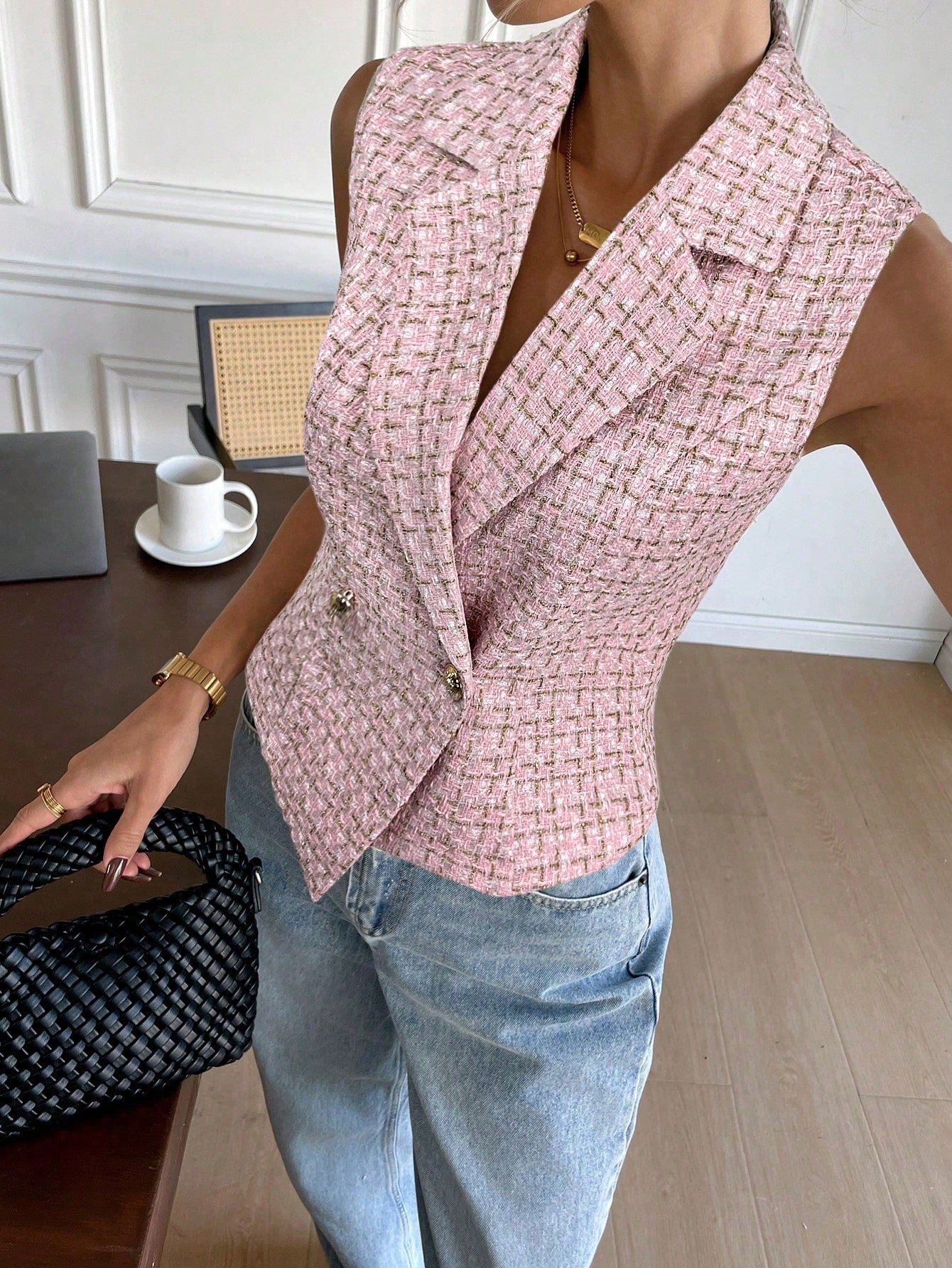  Double Breasted Tweed Waistcoat Top