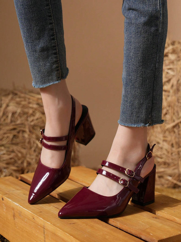 Double Strap Patent Block Heel Pumps