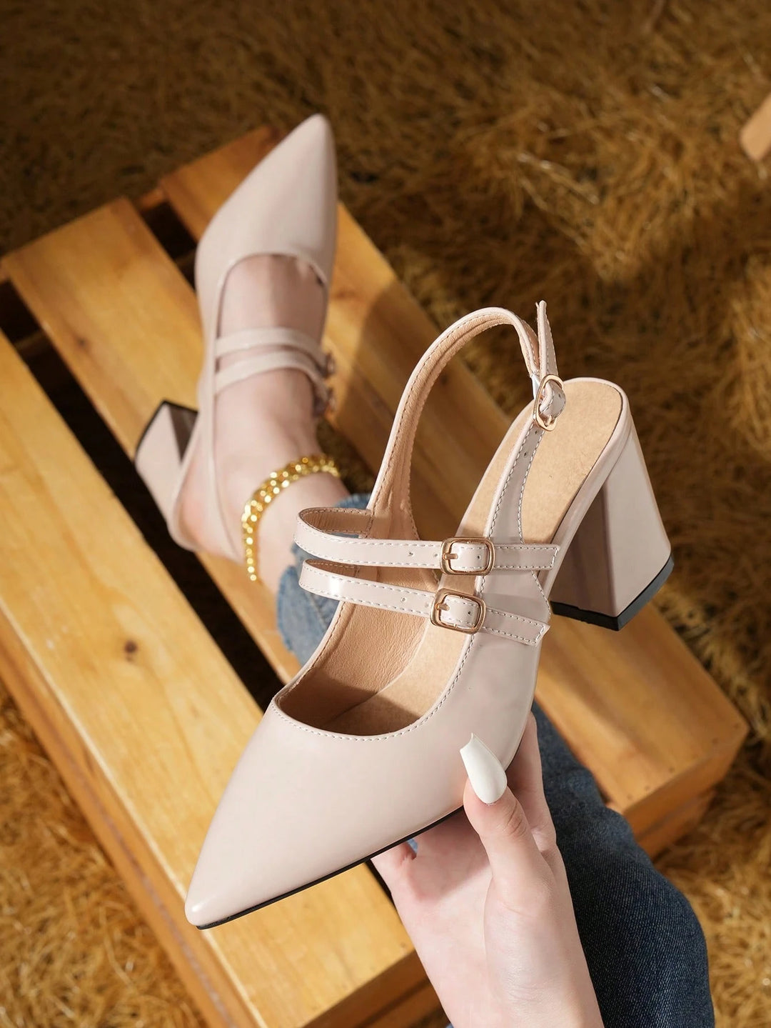 Double Strap Patent Block Heel Pumps
