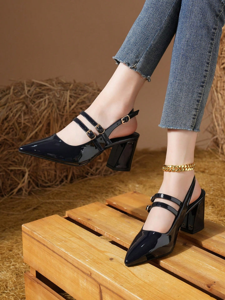 Double Strap Patent Block Heel Pumps