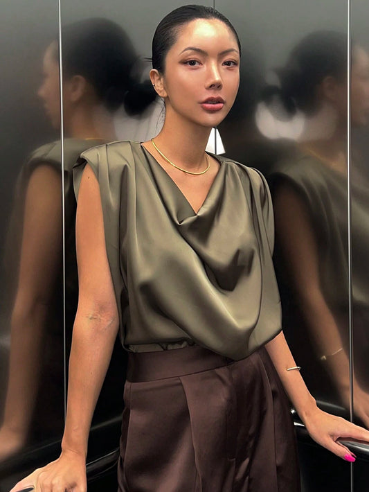 Draped Satin Cowl Neck Sleeveless Top