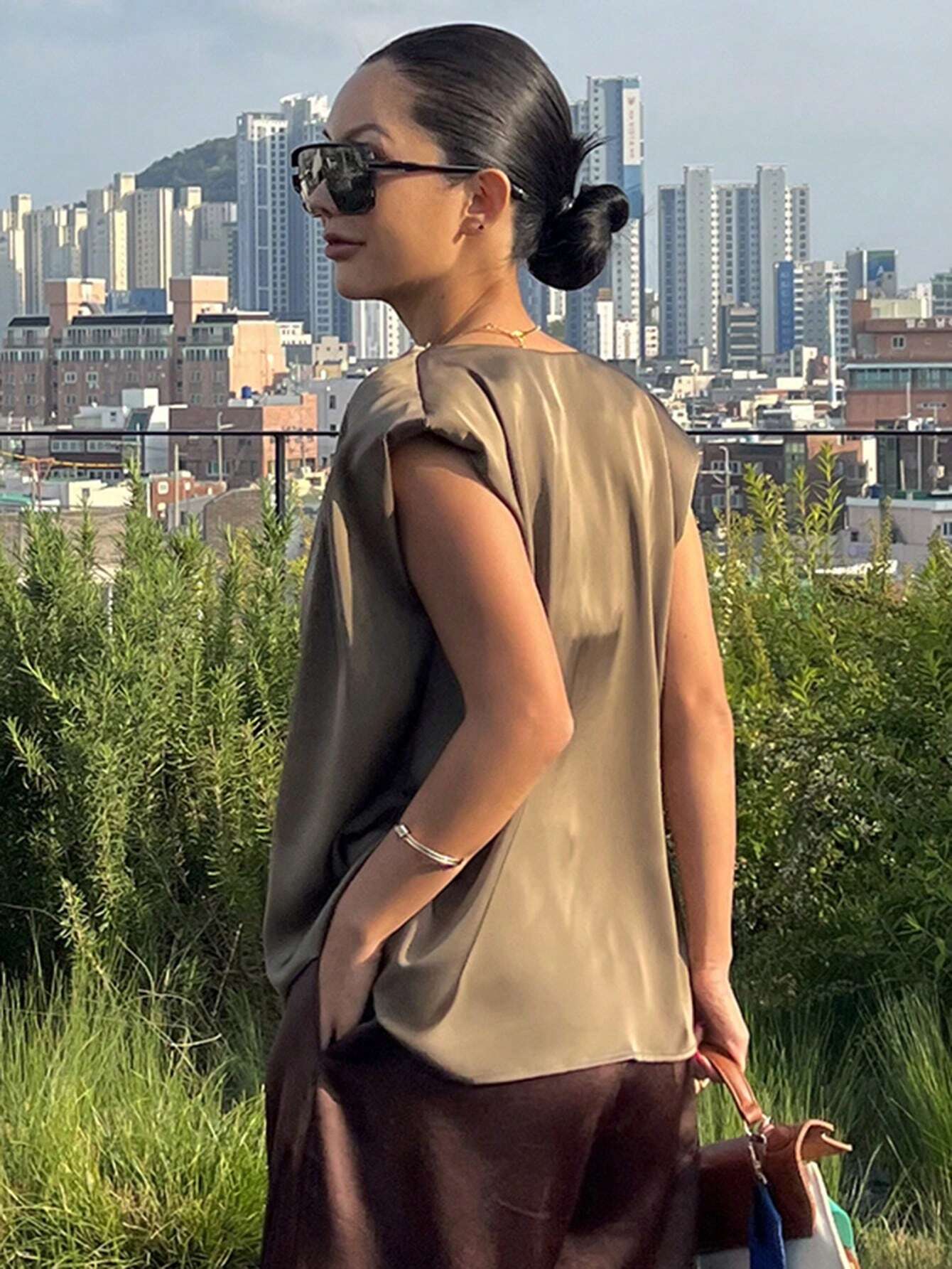 Draped Satin Cowl Neck Sleeveless Top