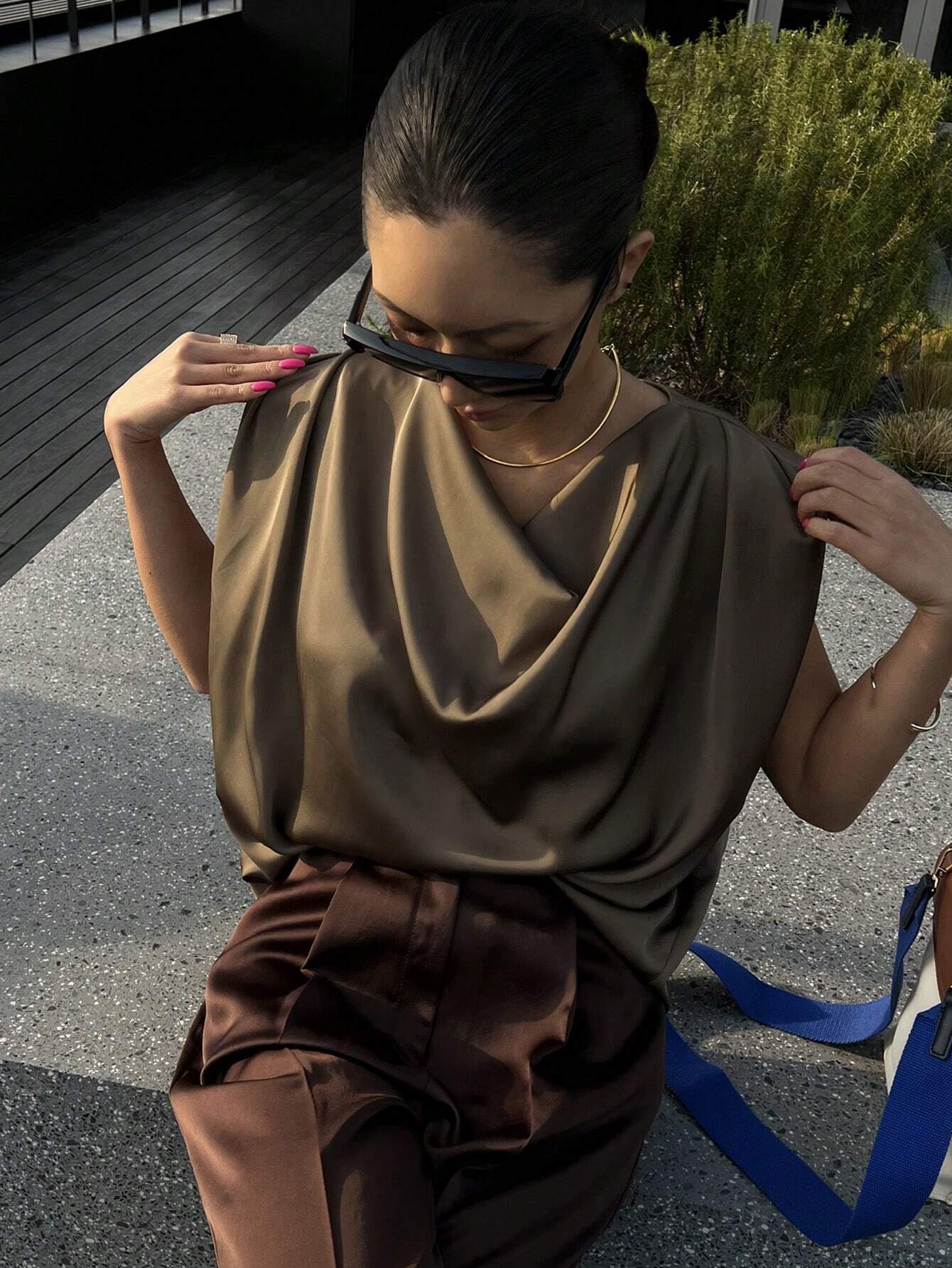 Draped Satin Cowl Neck Sleeveless Top