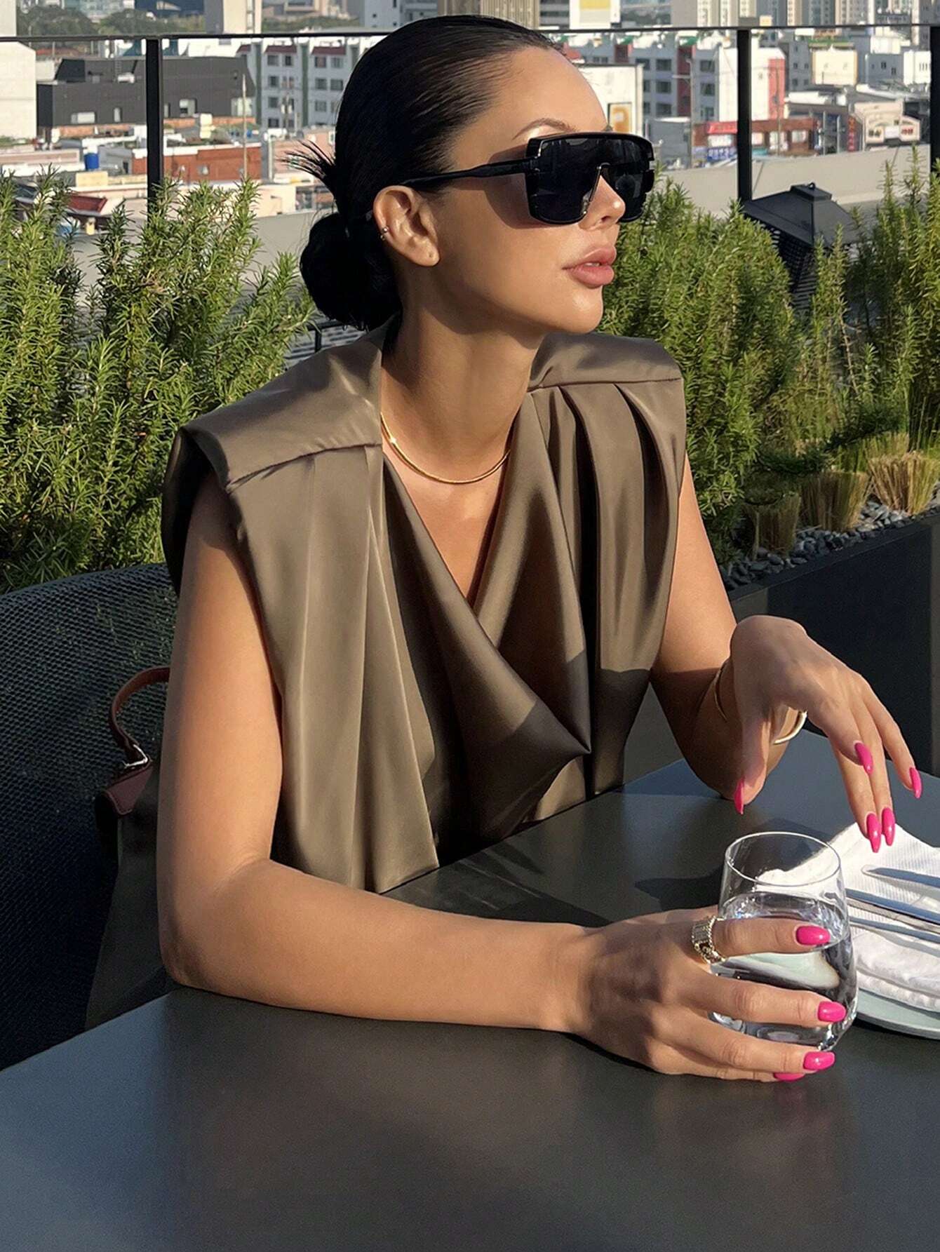 Draped Satin Cowl Neck Sleeveless Top