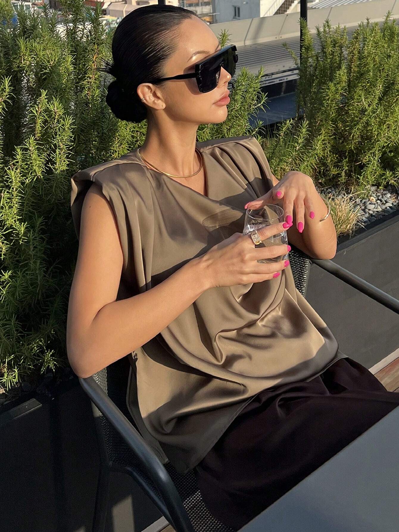 Draped Satin Cowl Neck Sleeveless Top