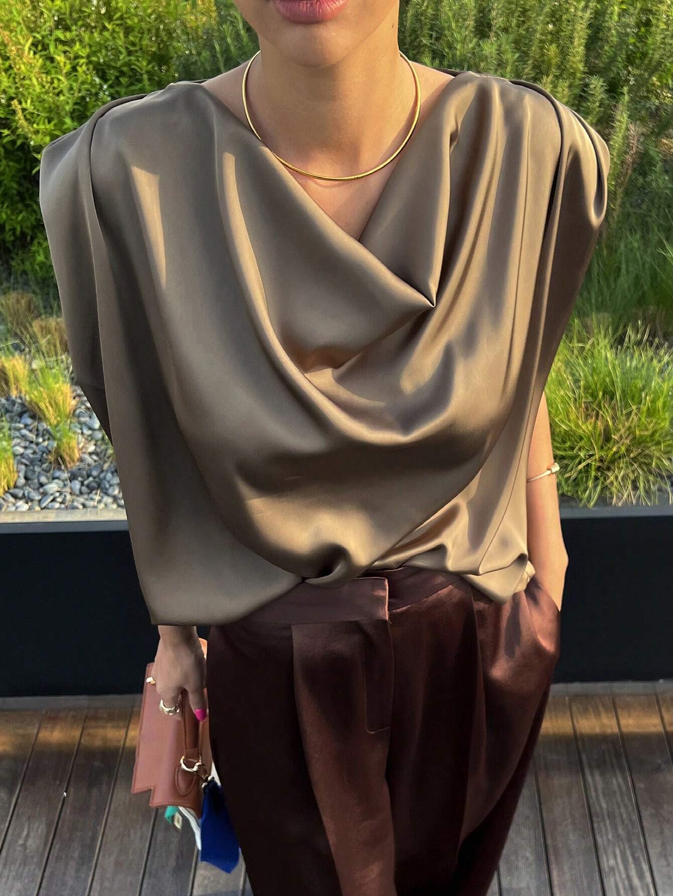 Draped Satin Cowl Neck Sleeveless Top