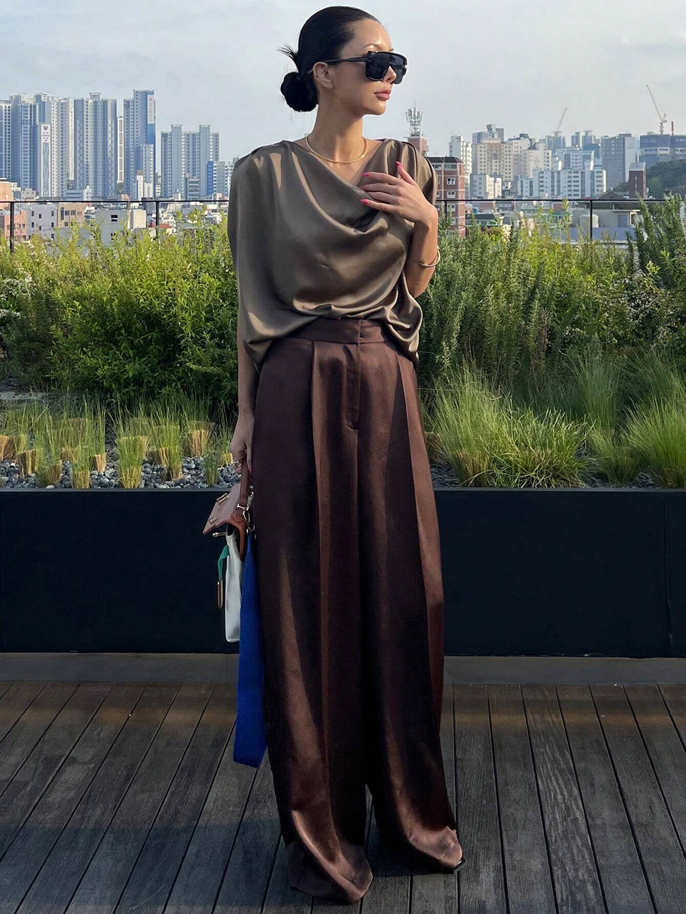 Draped Satin Cowl Neck Sleeveless Top