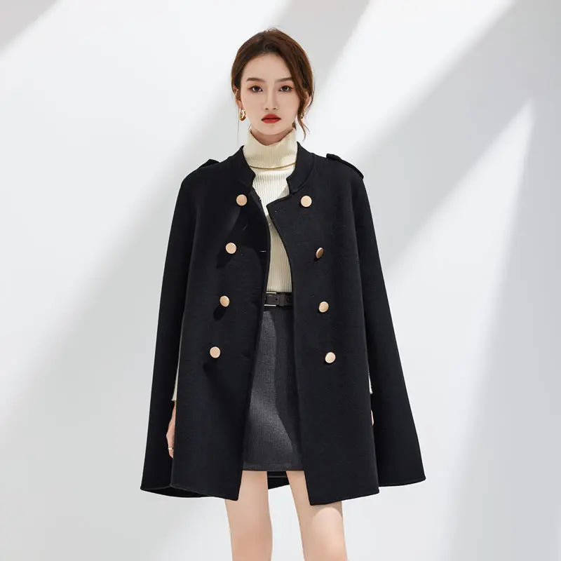 Elegant 100% Wool Double-Sided Cape Coat