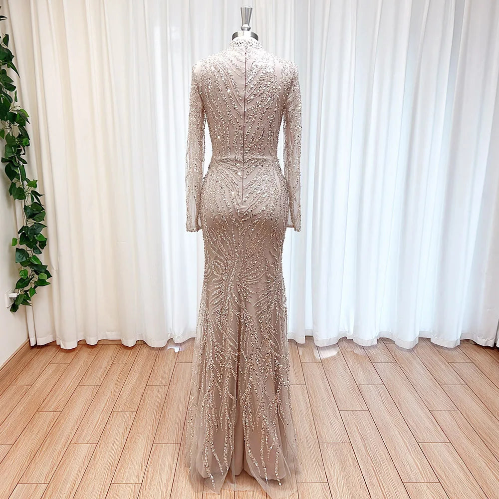 Elegant Beaded Long Sleeve Evening Gown