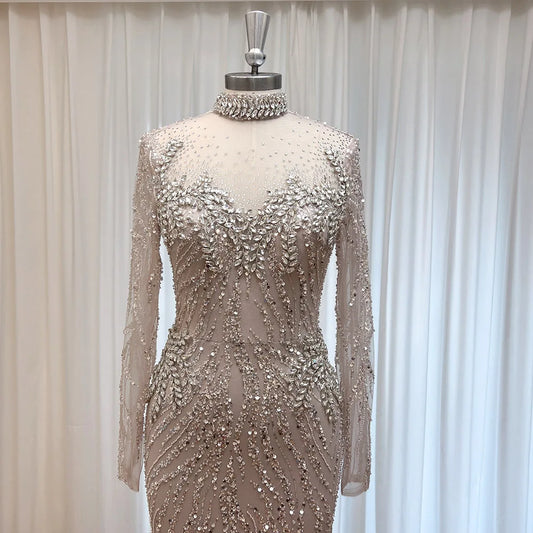 Elegant Beaded Long Sleeve Evening Gown