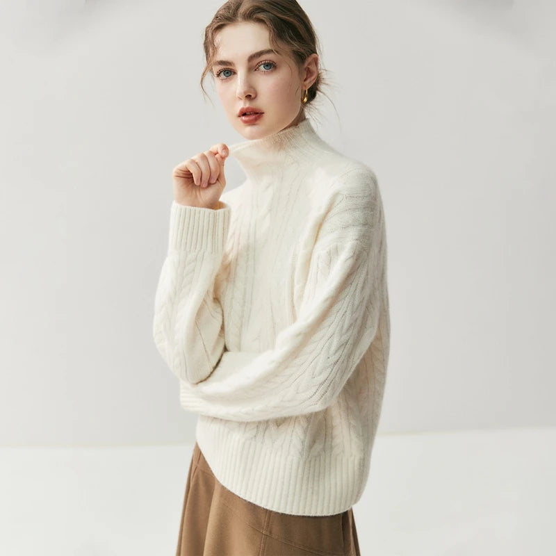 Elegant Cable Knit Cashmere Mock Neck Sweater