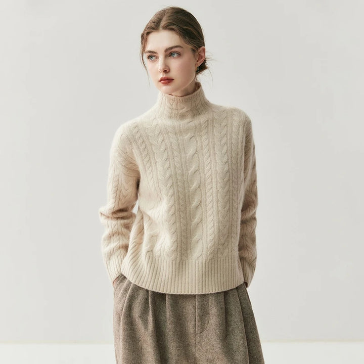 Elegant Cable Knit Cashmere Mock Neck Sweater
