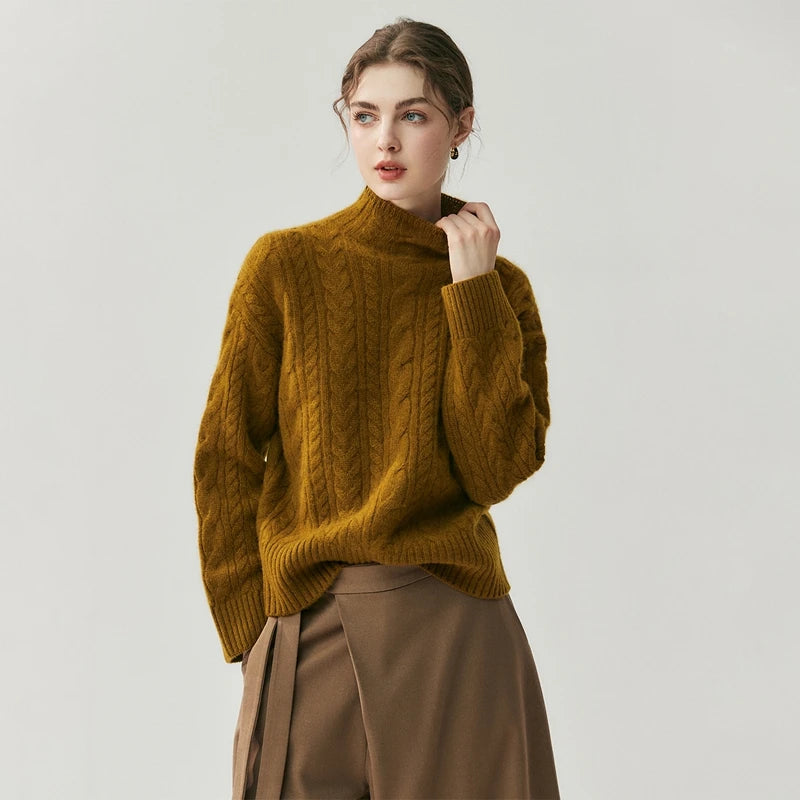 Elegant Cable Knit Cashmere Mock Neck Sweater