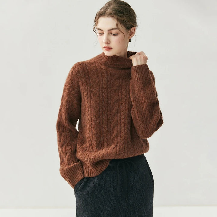 Elegant Cable Knit Cashmere Mock Neck Sweater
