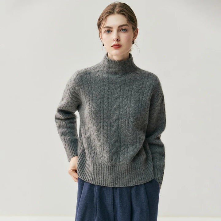 Elegant Cable Knit Cashmere Mock Neck Sweater