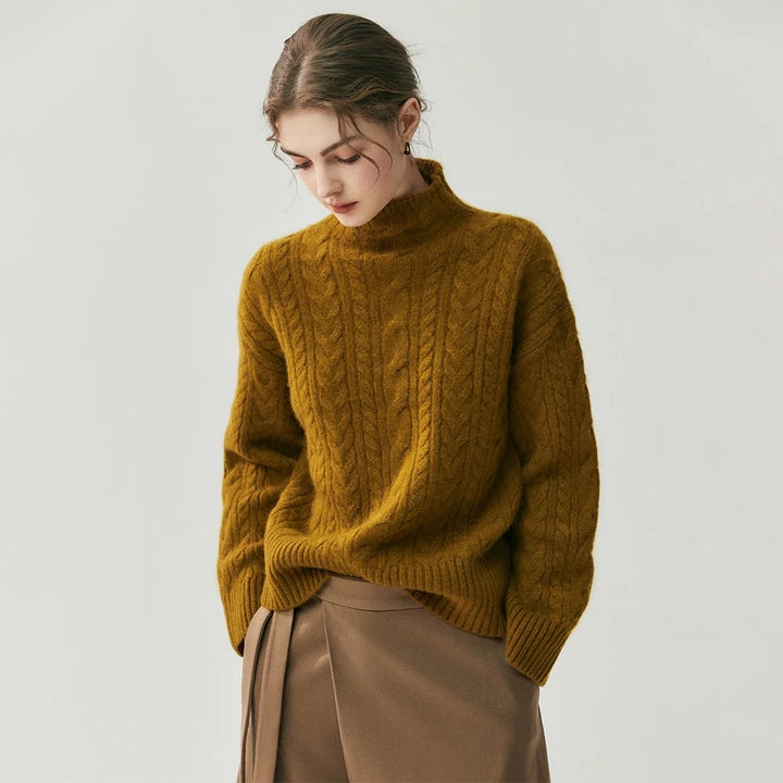 Elegant Cable Knit Cashmere Mock Neck Sweater