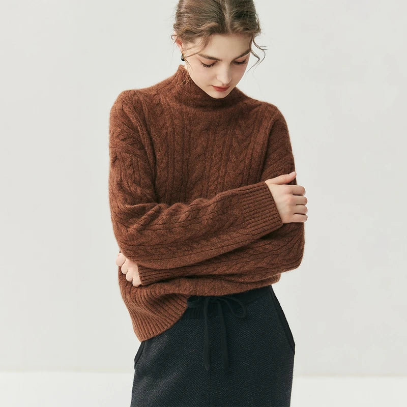 Elegant Cable Knit Cashmere Mock Neck Sweater
