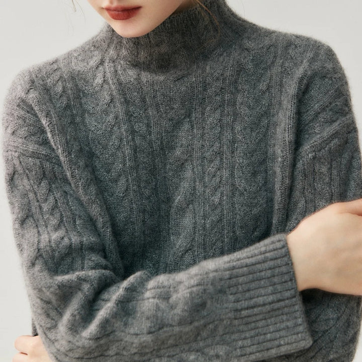 Elegant Cable Knit Cashmere Mock Neck Sweater