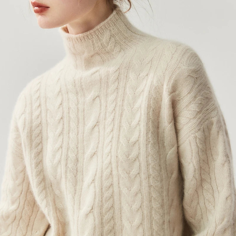 Elegant Cable Knit Cashmere Mock Neck Sweater
