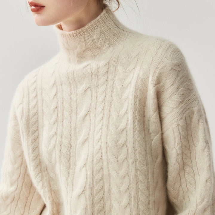 Elegant Cable Knit Cashmere Mock Neck Sweater