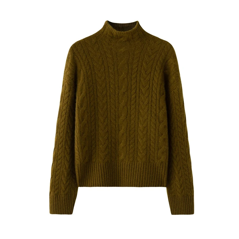Elegant Cable Knit Cashmere Mock Neck Sweater