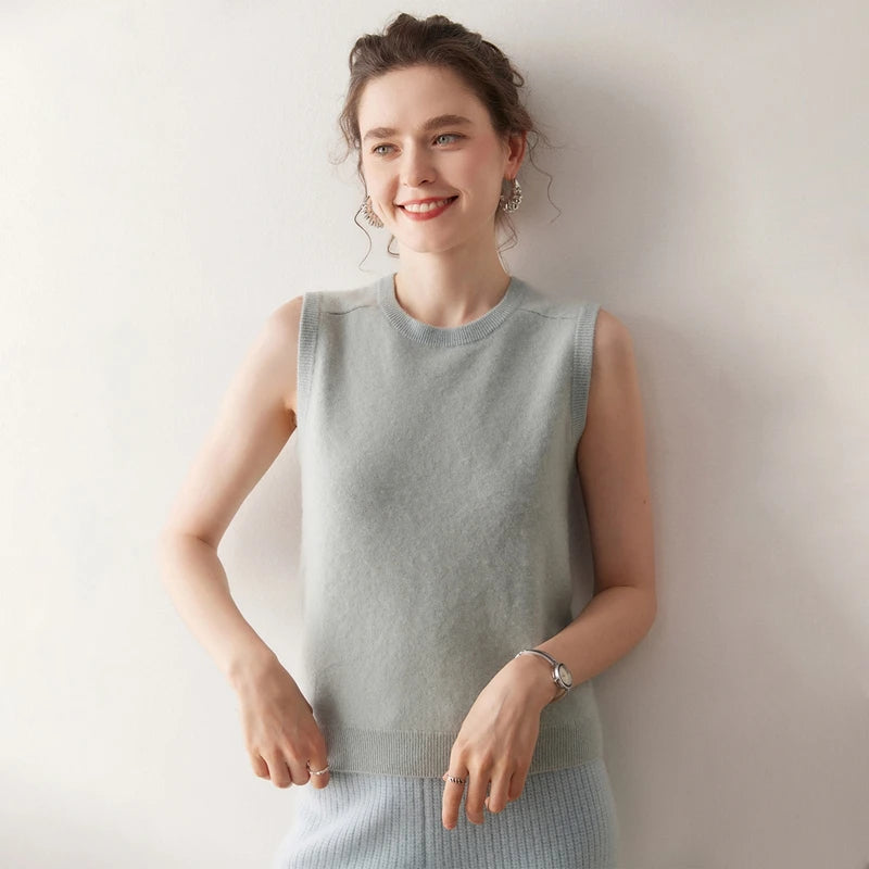 Elegant Cashmere O-Neck Sleeveless Knit Vest